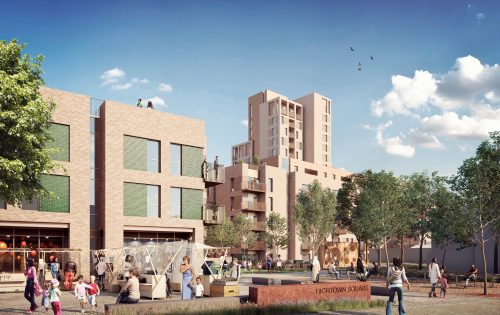 View of Hightown Square featuring modern residential buildings, shops, and a central plaza with people interacting, children playing, and greenery including trees. Public seating and art installations are visible under a clear sky with a few clouds and birds flying, making it the perfect place to unwind.