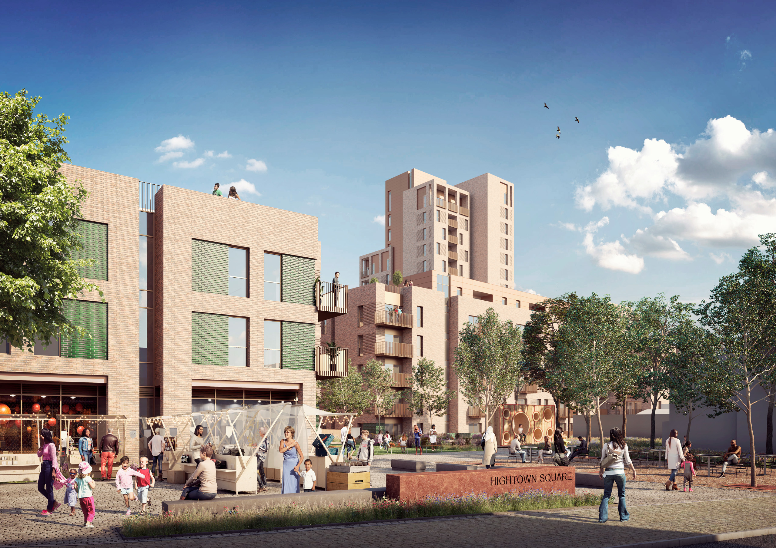 View of Hightown Square featuring modern residential buildings, shops, and a central plaza with people interacting, children playing, and greenery including trees. Public seating and art installations are visible under a clear sky with a few clouds and birds flying, making it the perfect place to unwind.