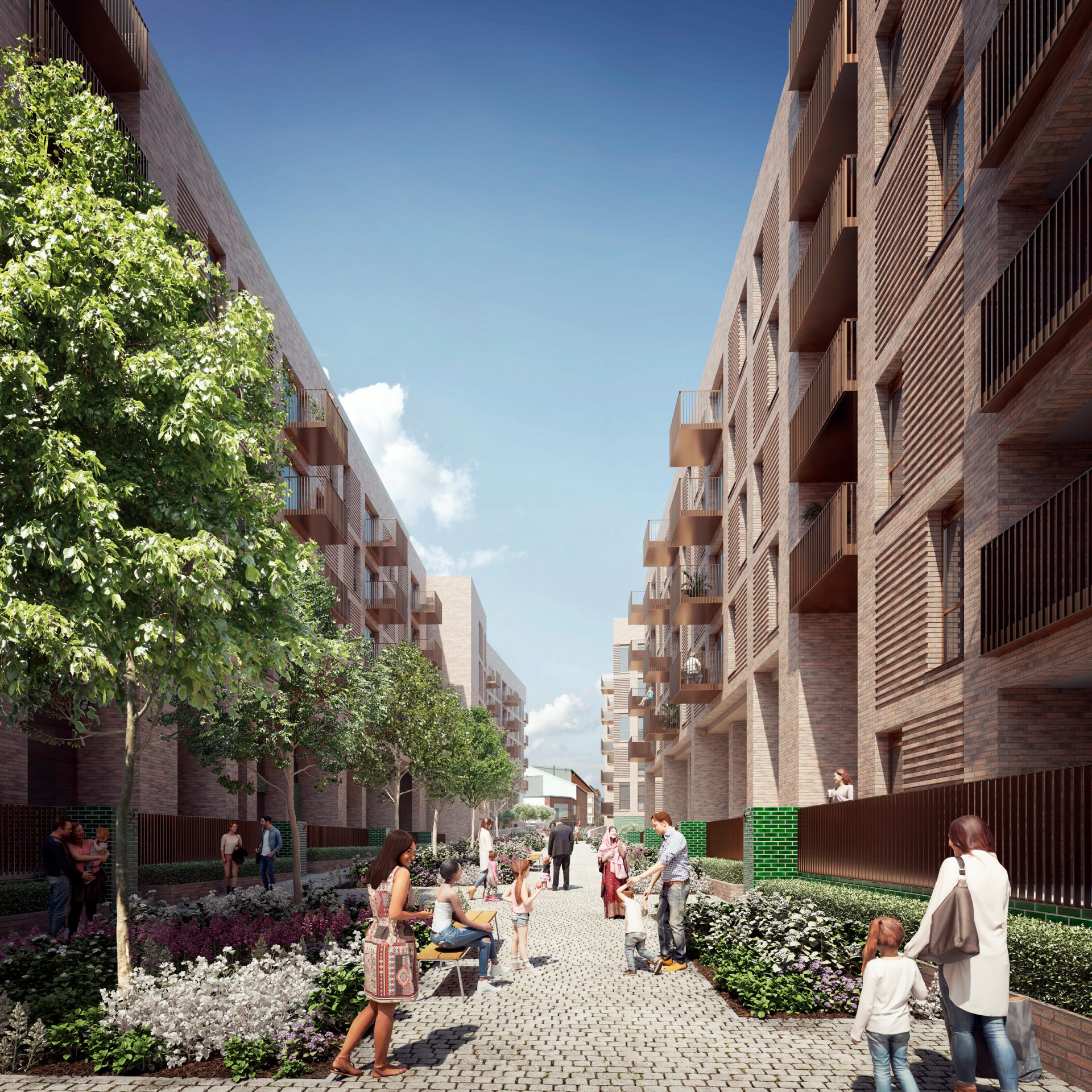 A bustling modern courtyard, much like a lively station, is surrounded by tall brick apartment buildings. People engage in various activities, including walking, talking, and tending to a garden. Trees and greenery line the pathway, creating an inviting urban place full of energy.