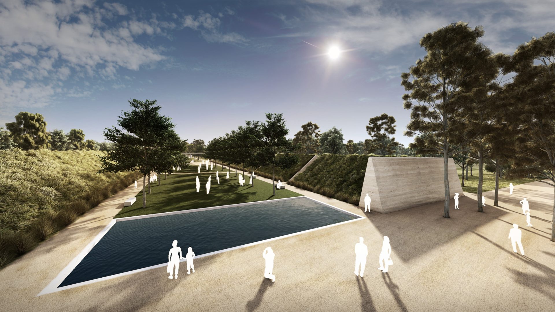 Digital rendering of a spacious park with a modern design and masterplan. The park features a reflective pool, lush trees, a grassy area, and a geometric concrete structure. Several white silhouettes of people are scattered throughout, representing visitors enjoying the open space.