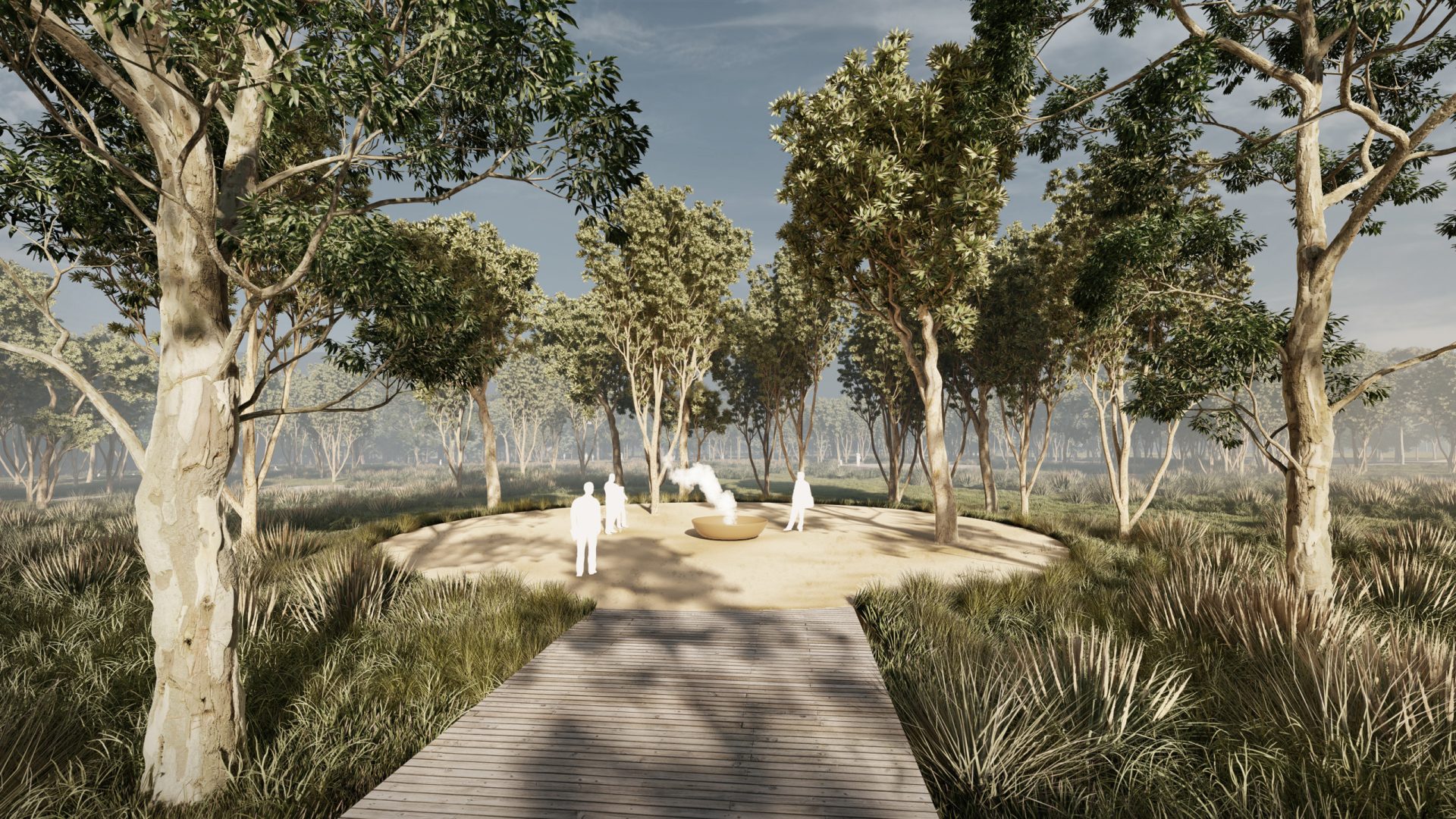 A wooded area with a sandy clearing features artistic human sculptures around a central, circular stone structure. Sunlight streams through the trees, casting shadows on a wooden pathway leading to the clearing. The scene evokes the serenity of Harkness Cemetery and feels both serene and natural.