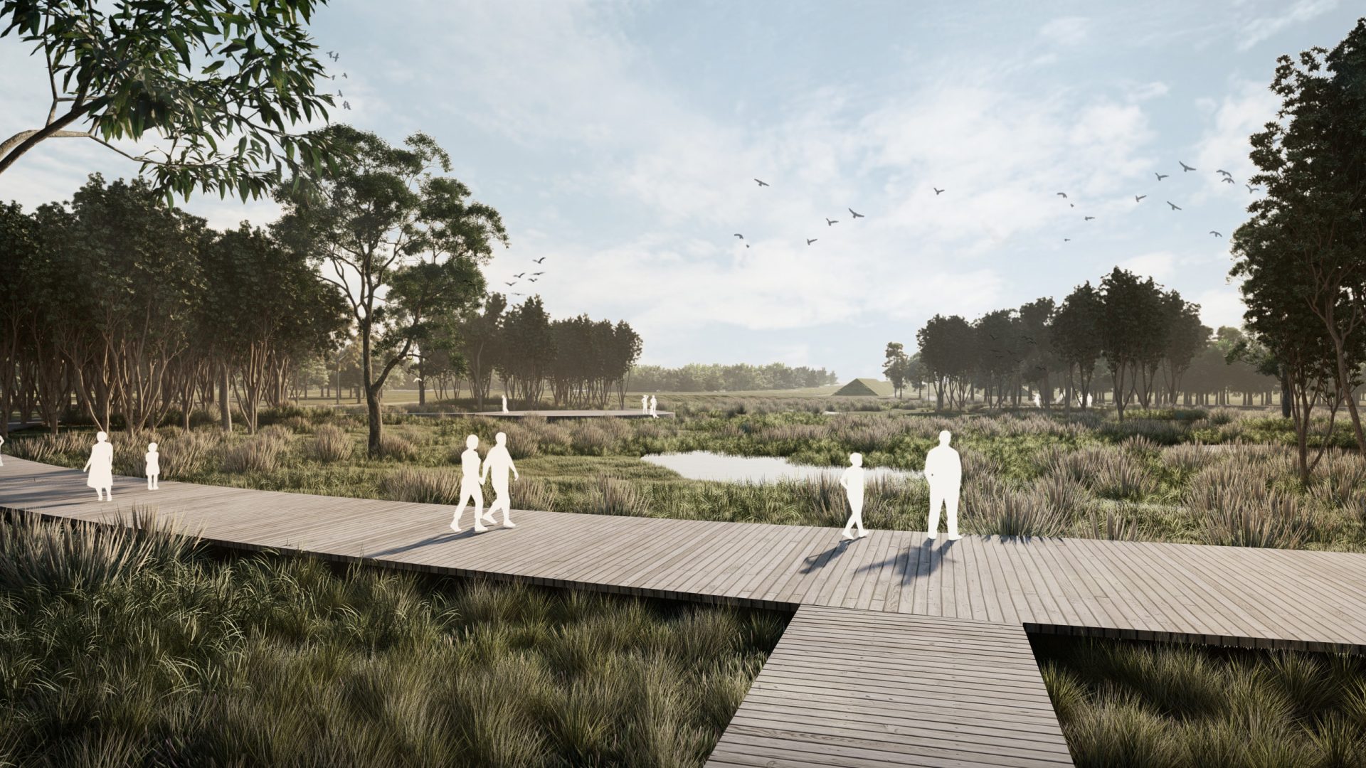 A serene park scene with a wooden boardwalk winding through marshy grasslands and ponds, surrounded by dense trees. Silhouetted figures of people walk along the path, reminiscent of a carefully designed masterplan. Birds are visible in the sky, adding to the tranquil atmosphere near Harkness Cemetery.