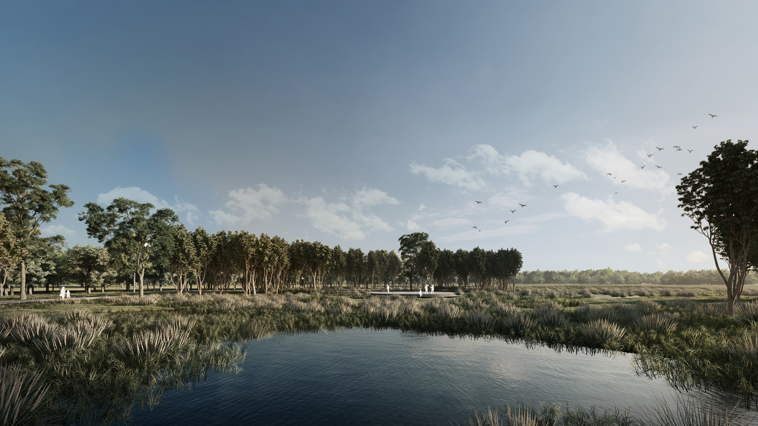 A serene landscape shows a reflective pond bordered by tall reeds and grasses. Trees with dense foliage are seen in the background, while a group of people stand on a platform near the water. The clear sky, a few clouds, and a flock of birds flying overhead contribute to the Harkness Cemetery Masterplan's tranquil beauty.