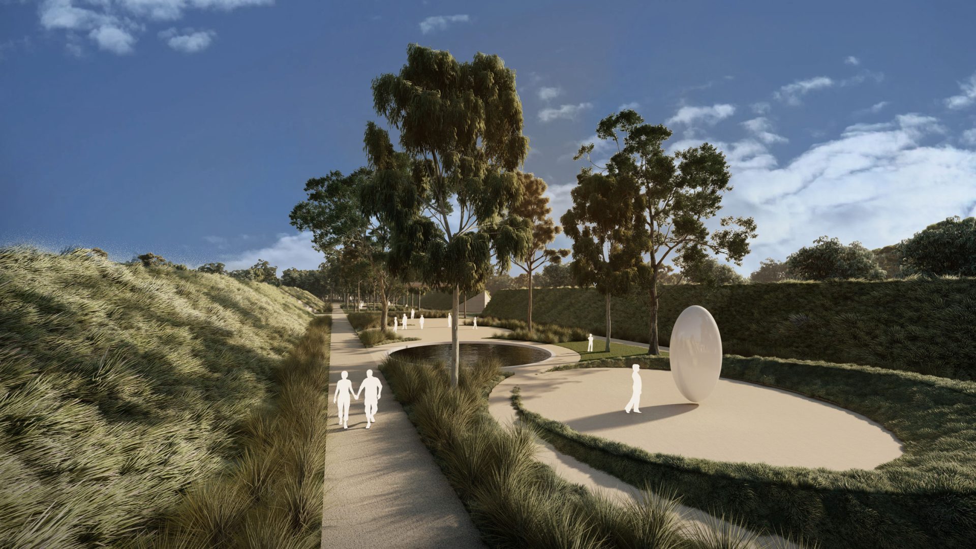 A pathway winds through a parkland featuring a modern, circular seating area and a large, egg-shaped sculpture. Tall trees dot the landscape, and a family is walking along the path, with someone standing near the sculpture. The serene setting is part of the Harkness Cemetery Masterplan.