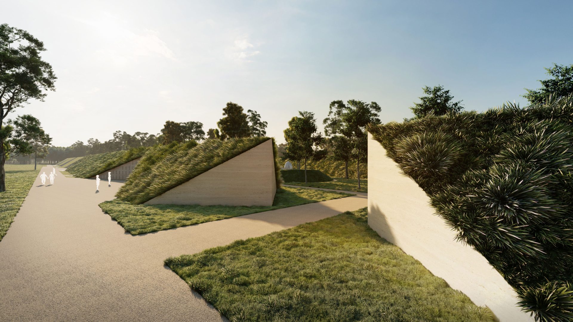 A modern architectural structure featuring two grassy, triangular roofs with integrated paths forms the centerpiece of this masterplan. The design blends into a natural landscape with trees and grassy areas under a clear sky. Silhouetted figures walk along the paths, indicating human scale.