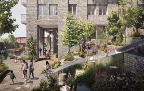 An urban courtyard with lush greenery features a brick building, a curving walkway with planters, and small, scattered seating areas. People are walking, chatting, and lounging. Through the trees, the picturesque canal at Mitre Wharf is visible in the background with boats gently gliding by.