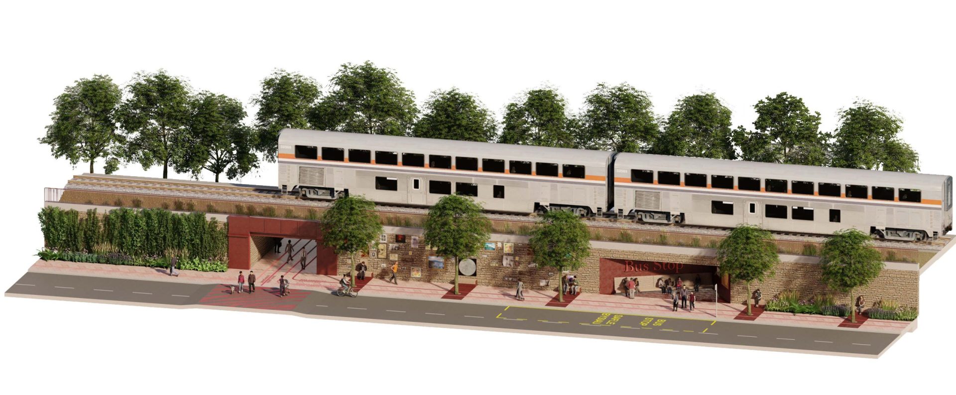 Illustration of an elevated railway platform with a commuter train passing by. Below the platform, greenery and small shops with people walking around can be seen. Trees line the top of the platform near Bute Street, and a road with bus stops is visible in the foreground.