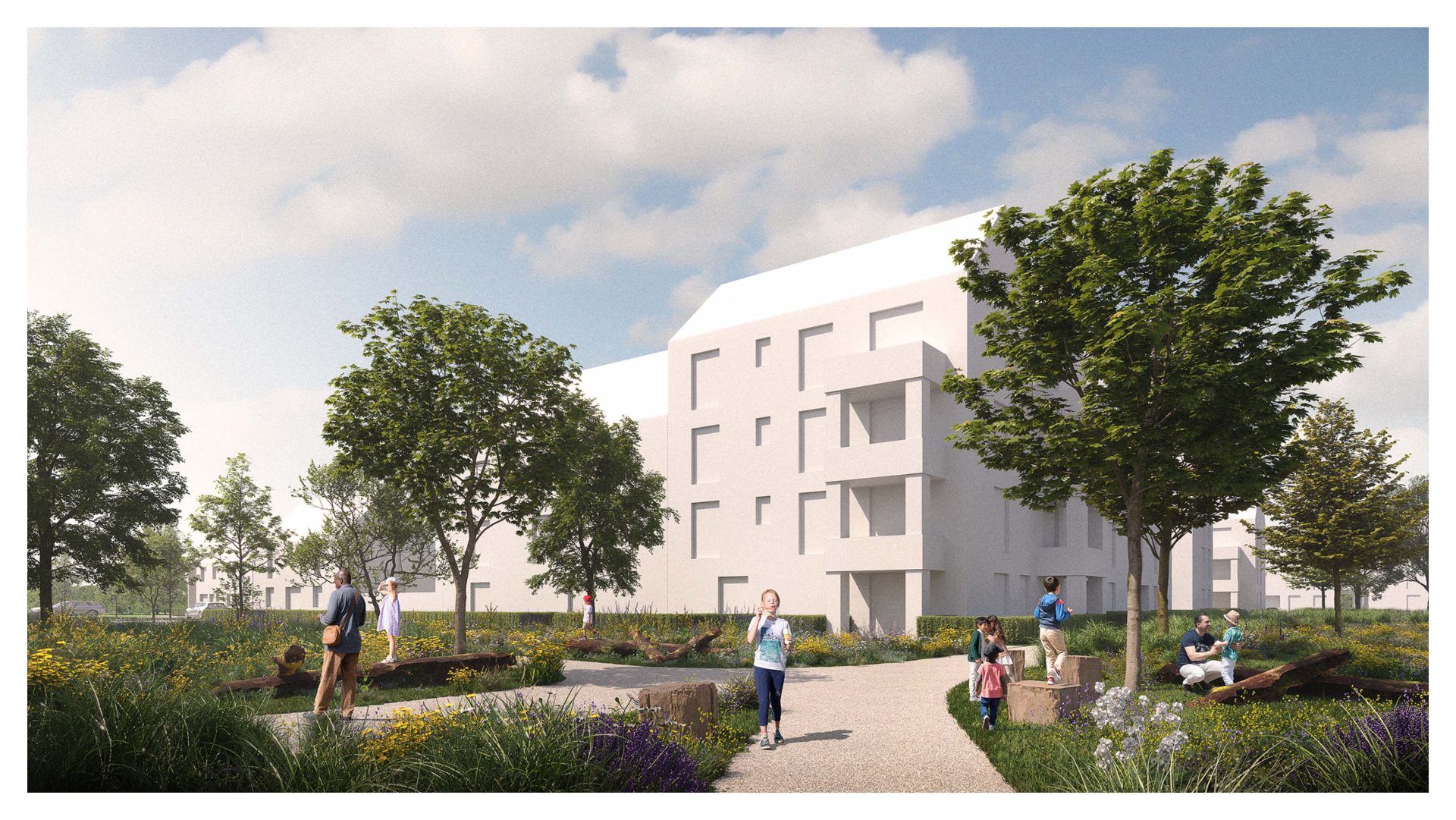 A modern four-story white building with balconies is surrounded by lush greenery, trees, and a garden in Cherry Hinton North. People walk along a gravel path, some sitting on benches. The sky is dotted with fluffy clouds, creating a serene and welcoming atmosphere influenced by the area's design code.