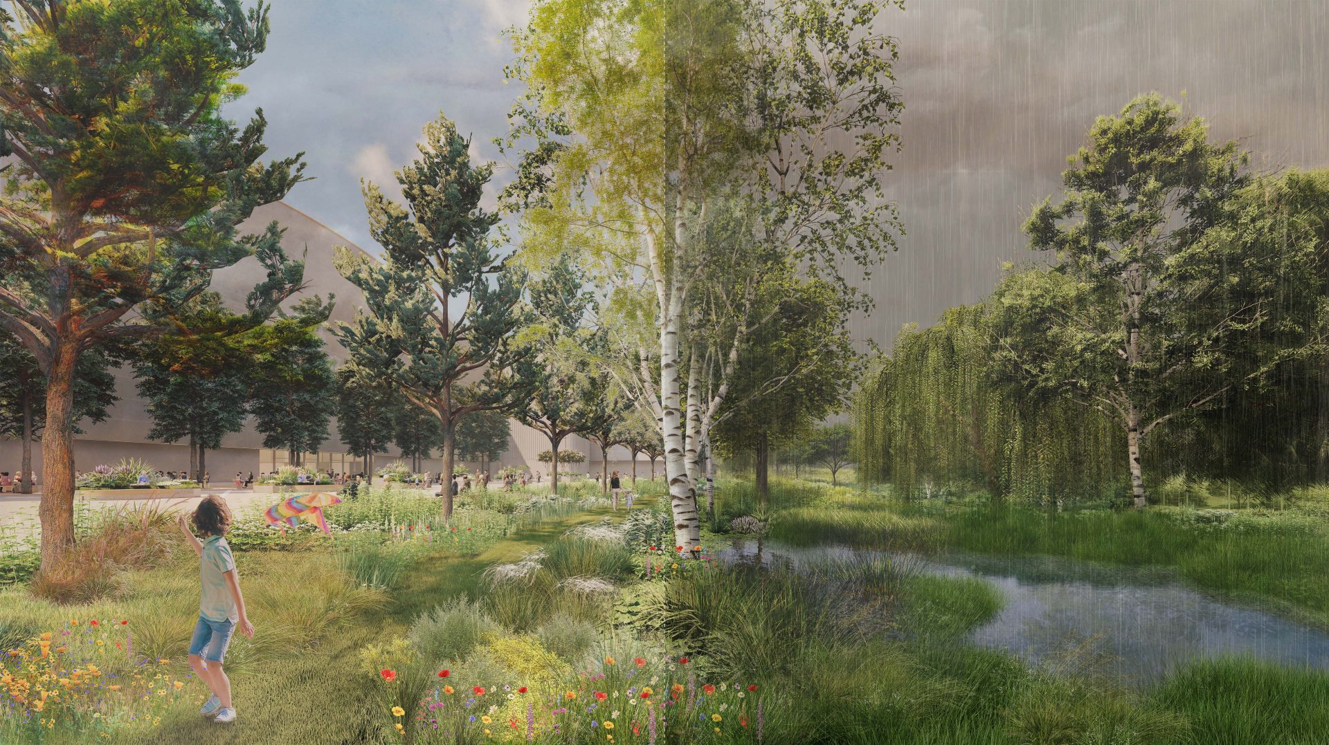 A child in casual clothing stands in a colorful, flower-filled meadow near the YTL Arena, gazing at tall trees and a winding stream. The scene transitions from bright and sunny on the left to rainy and misty on the right, showcasing diverse weather conditions and lush greenery.