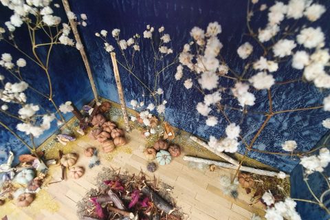 An assortment of dried flowers, seed pods, and small pumpkins are arranged in a room with dark blue textured walls. Branches adorned with white fluffy blooms stand upright against the walls, creating a rustic, natural scene. The wooden floor is scattered with petals and leaves.