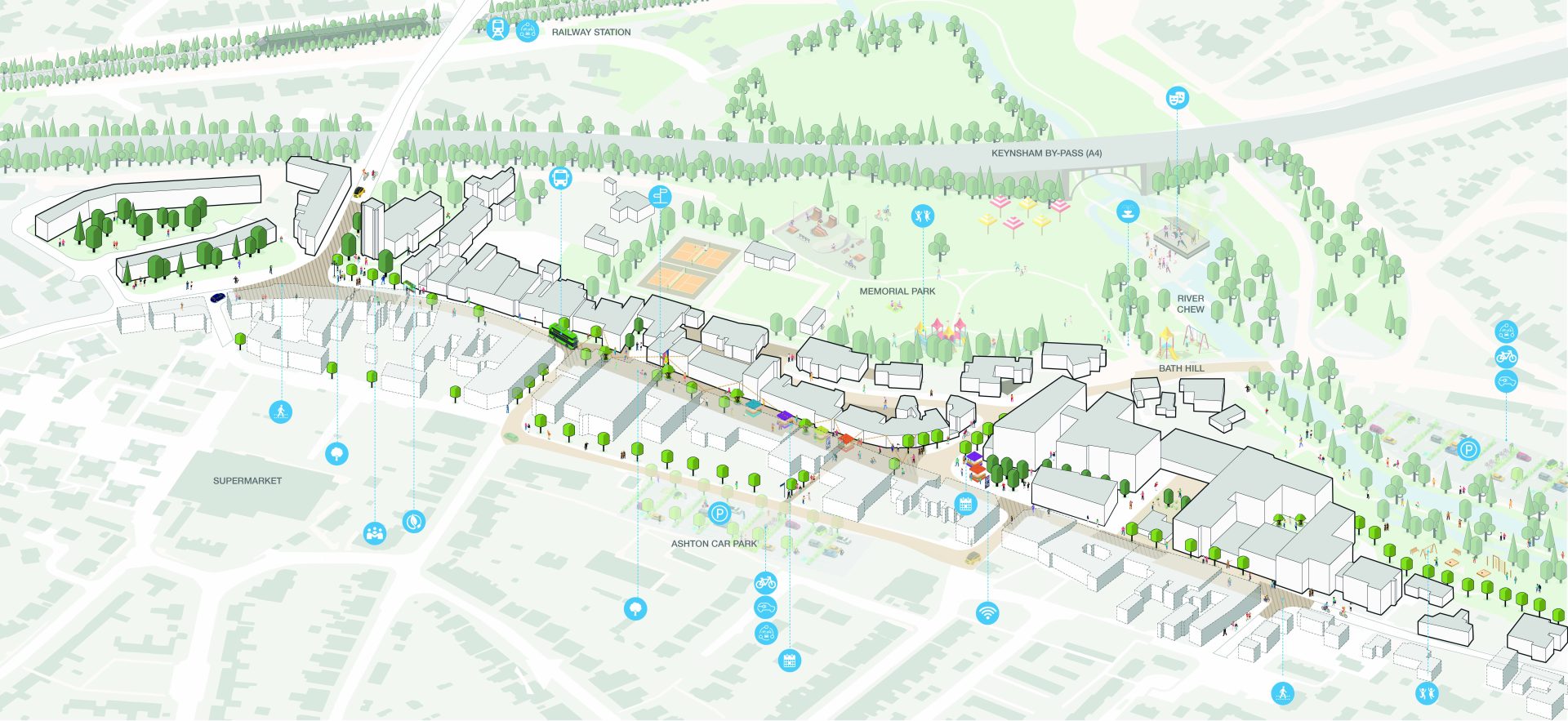 A detailed map illustration of Keynsham featuring a suburban area with residential buildings, roads, green spaces, and key landmarks labeled with numbers. Notable features include a park, a supermarket on High Street, a community center, and a railway station. Trees and open areas are also depicted.