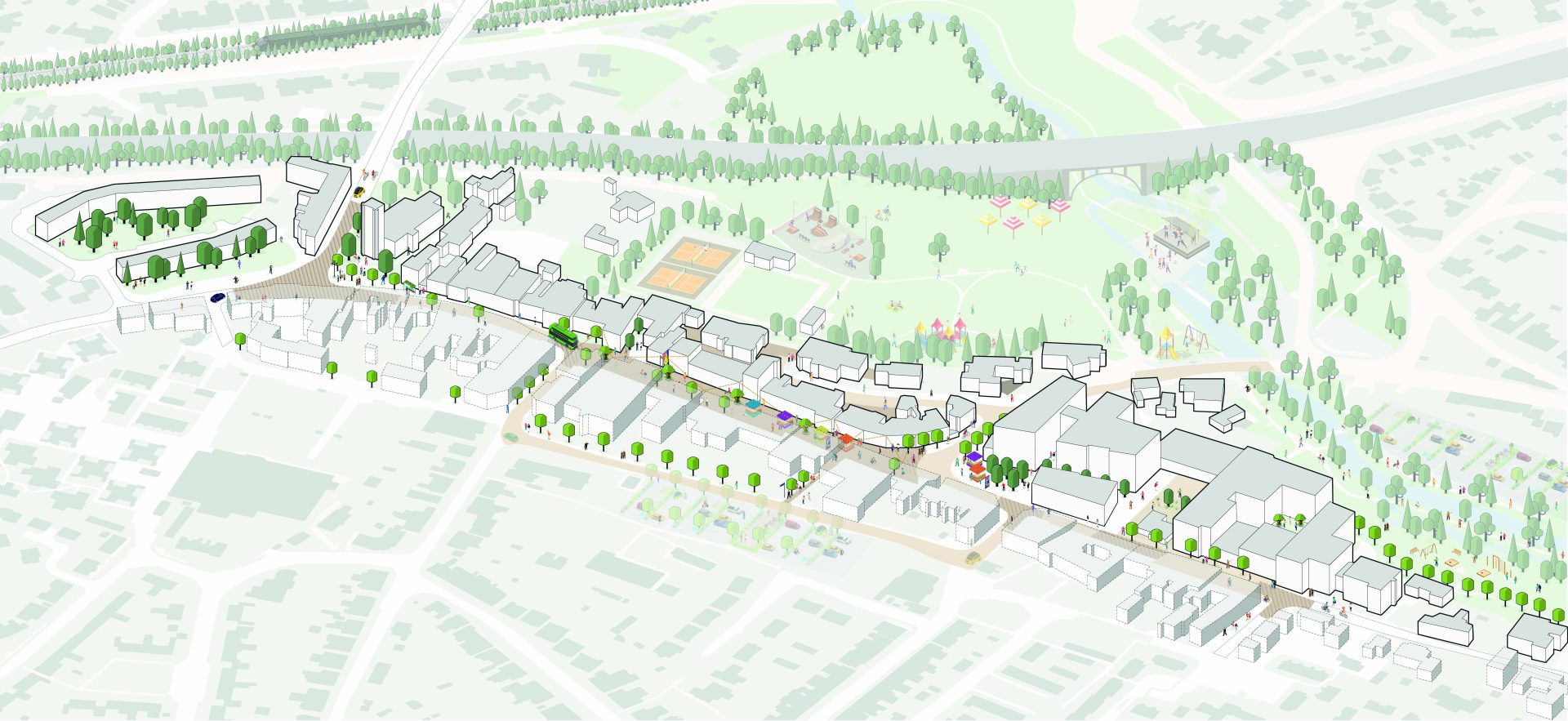 An illustrated map depicts a detailed urban area with buildings, roads, and green spaces. A main road, High Street, runs horizontally across the center, flanked by trees and structures. To the north, a park with trees and pathways is visible. Residential areas surround the scene in Keynsham.