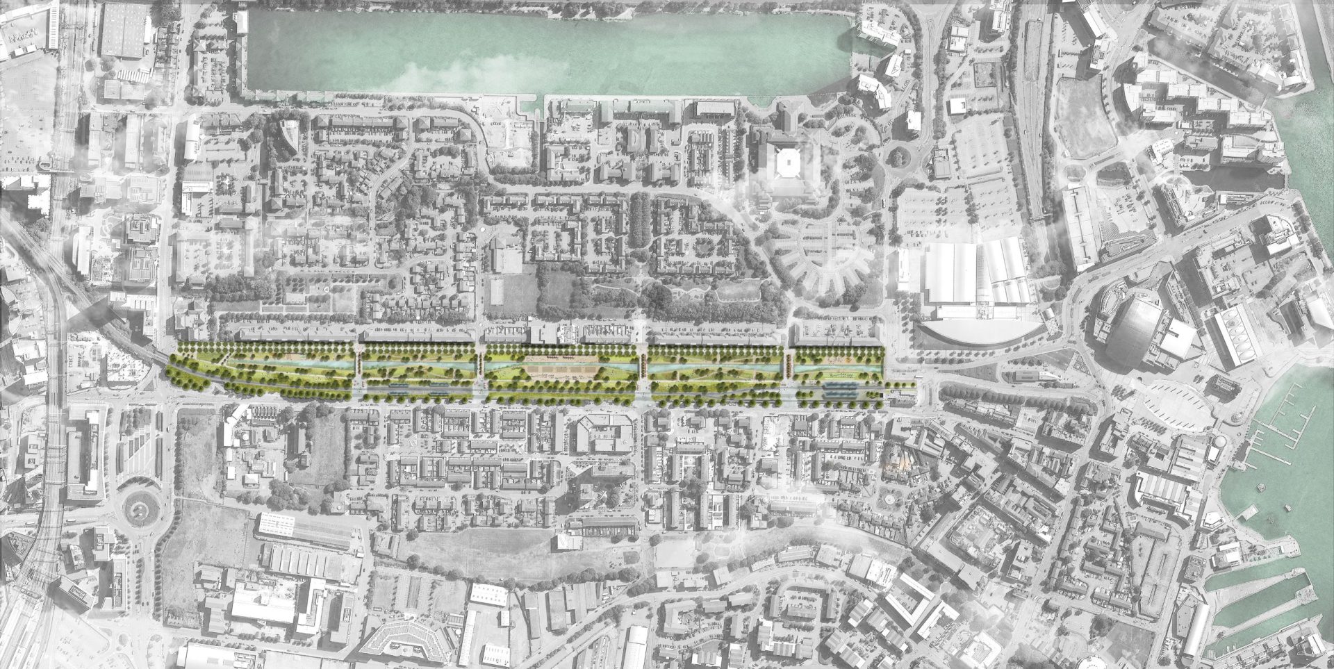 A grayscale aerial image of Cardiff City features a horizontal stripe in the center consisting of green spaces, trees, and pathways. Surrounding this green strip are multiple buildings, streets, and a bay at the top.