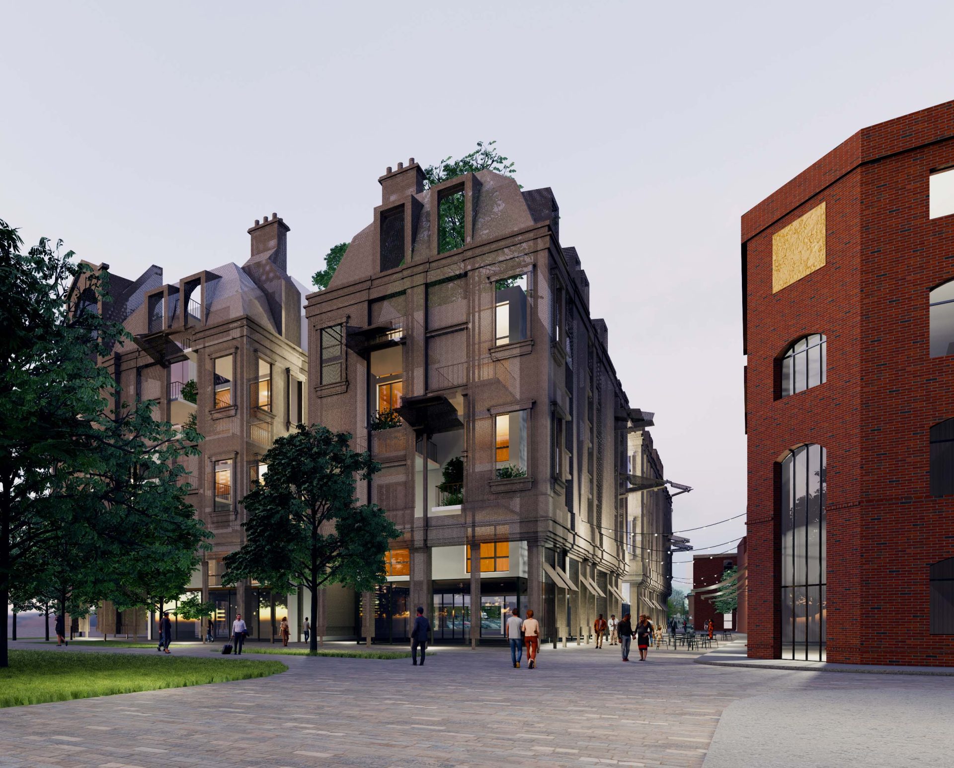 A street scene at dusk on Portwall Lane in Redcliffe features historic-style buildings with lit windows and multiple story levels. Pedestrians walk along the street, and trees partially frame the view. The sky is clear, highlighting the architectural details of the structures beside a nearby car park.