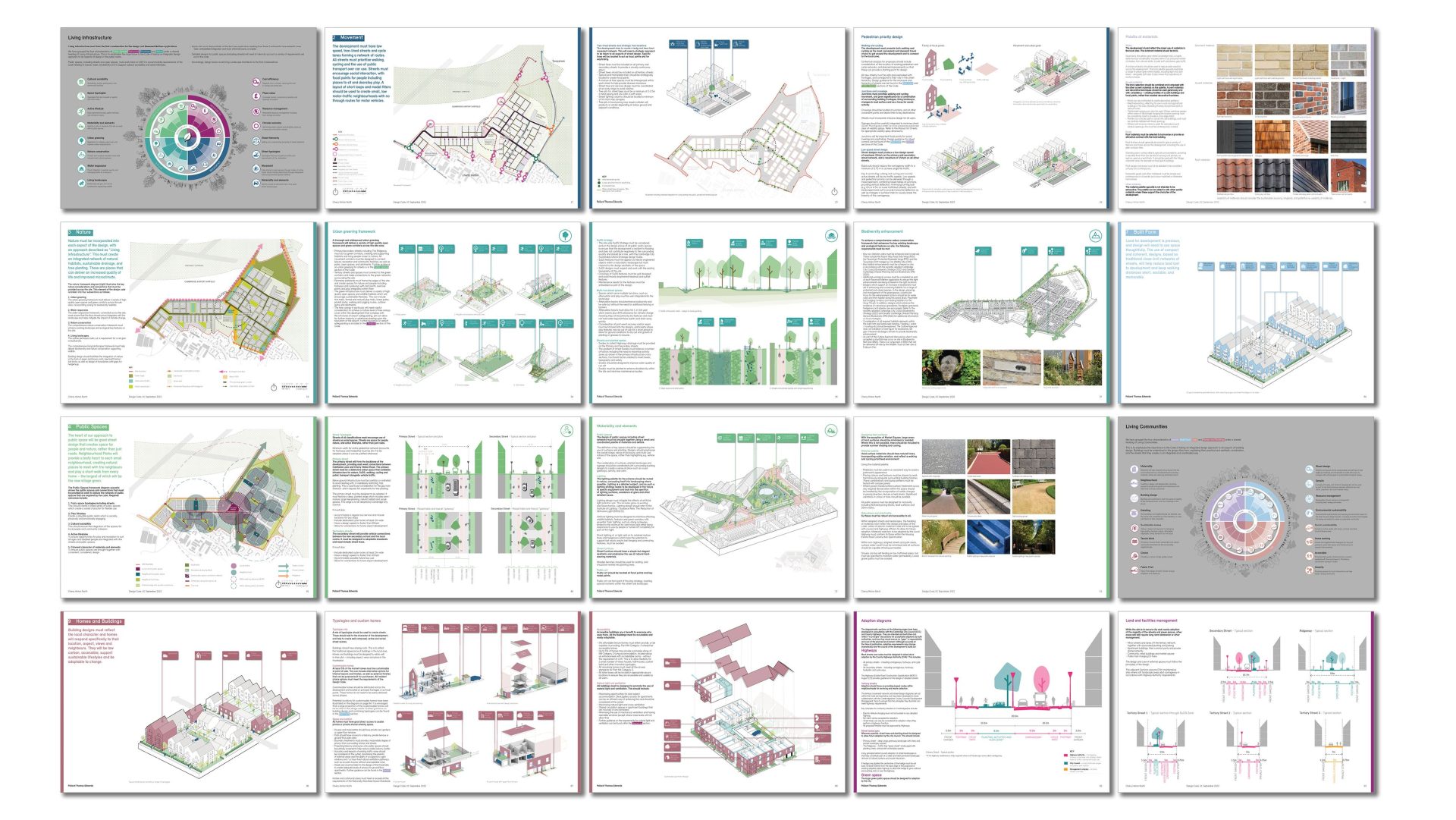 A set of architectural and environmental landscape design plans displayed on 24 sheets. The sheets feature detailed diagrams, illustrations, and text, highlighting various stages and elements of sustainable landscape architecture for Cherry Hinton North, including site layouts, plant selection, and construction methods.