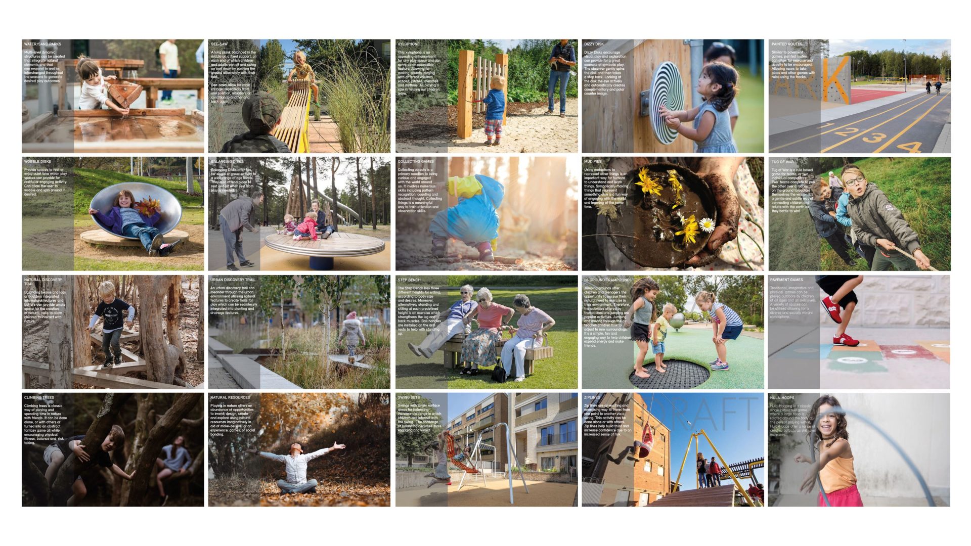 A collage of various images shows people, primarily children, engaging in outdoor activities. They include playground scenes, nature exploration, and cooperative games. The settings range from Cherry Hinton North to urban playgrounds and residential neighborhoods. Accompanying text is superimposed over each image.