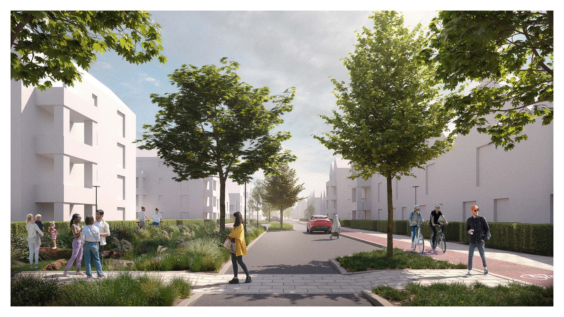 A modern neighborhood in Cherry Hinton North features white buildings, lush greenery, and people engaging in various activities. A woman in yellow walks across the street, while others converse, bike, or stroll along the paths. A red car is parked on the road, and sunlight filters through the trees.