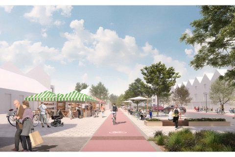 A lively outdoor market scene in Cherry Hinton North features people shopping at stalls, cyclists on a designated bike lane, pedestrians walking, and families sitting on benches. Greenery and modern white buildings line the area under a partly cloudy sky, blending seamlessly with the area's play strategy design code.