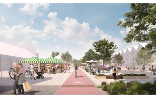 A lively outdoor market scene in Cherry Hinton North features people shopping at stalls, cyclists on a designated bike lane, pedestrians walking, and families sitting on benches. Greenery and modern white buildings line the area under a partly cloudy sky, blending seamlessly with the area's play strategy design code.