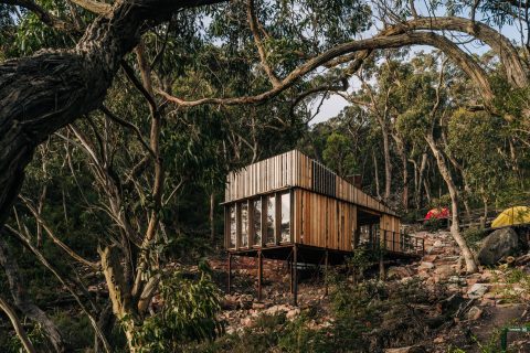 A modern wooden cabin on stilts nestled among tall trees and rocky terrain. The cabin has large windows and is surrounded by the dense forest of Gariwerd, near the Grampians Peaks Trail. A small yellow tent is visible in the background, suggesting a nearby campsite. The scene is peaceful and natural.