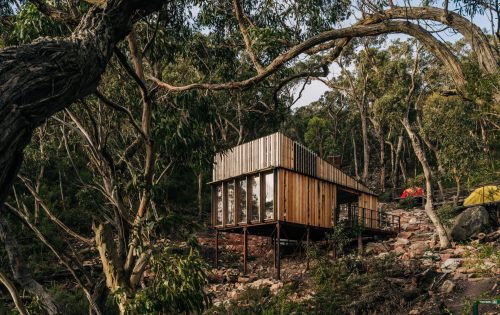 A modern wooden cabin on stilts nestled among tall trees and rocky terrain. The cabin has large windows and is surrounded by the dense forest of Gariwerd, near the Grampians Peaks Trail. A small yellow tent is visible in the background, suggesting a nearby campsite. The scene is peaceful and natural.