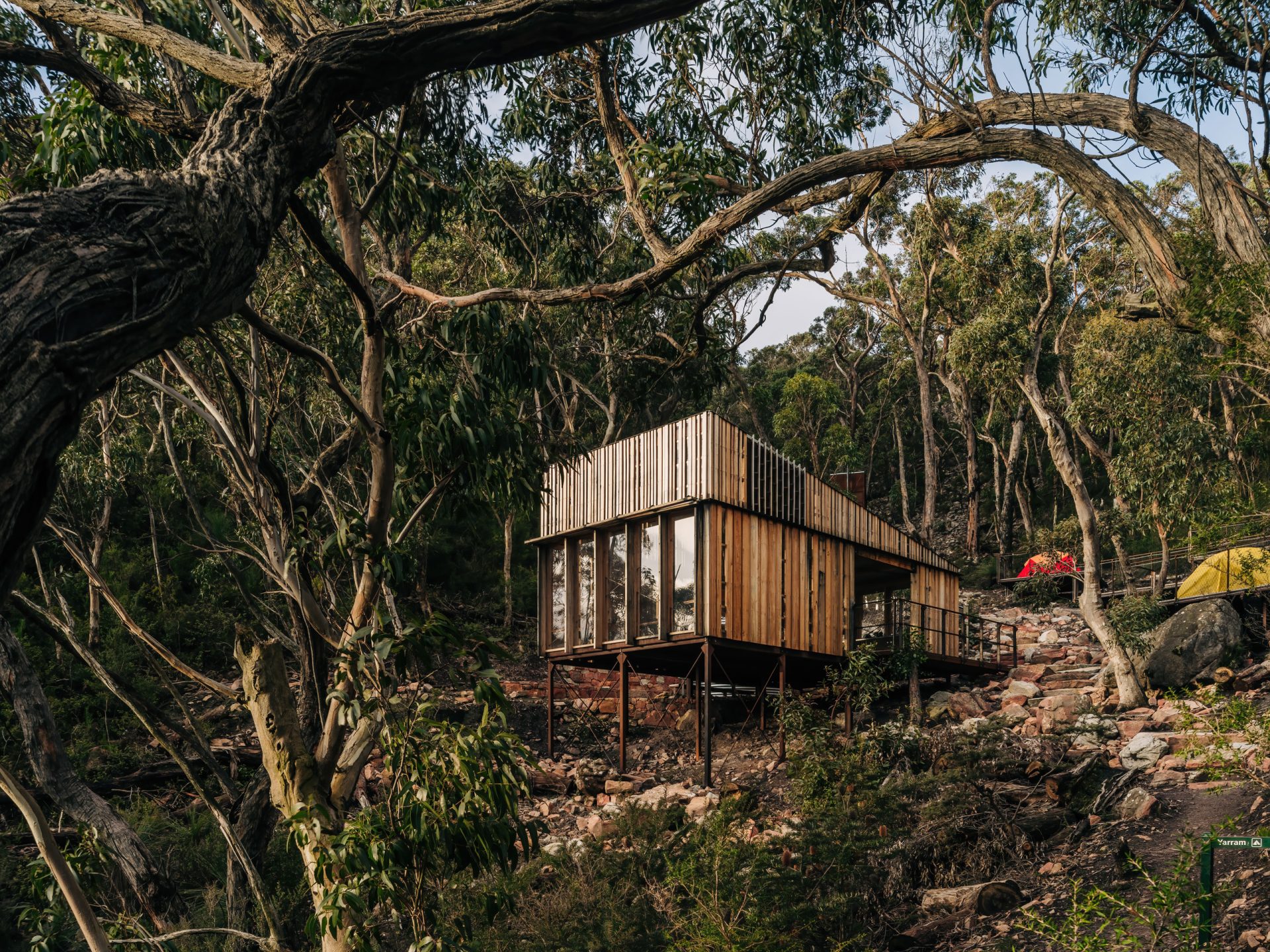 A modern wooden cabin on stilts nestled among tall trees and rocky terrain. The cabin has large windows and is surrounded by the dense forest of Gariwerd, near the Grampians Peaks Trail. A small yellow tent is visible in the background, suggesting a nearby campsite. The scene is peaceful and natural.