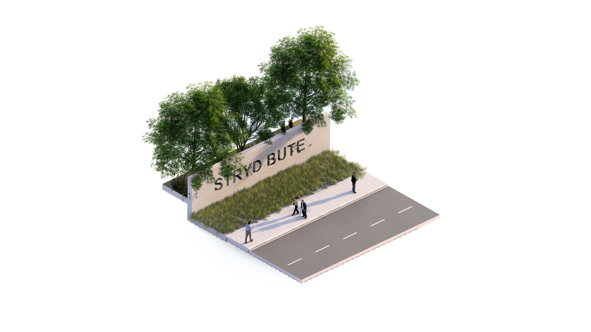 A 3D-rendered scene depicts a small section of a paved road with a sidewalk. The sidewalk runs alongside a wall labeled "STRYDBUTE," reminiscent of Bute Street. Several people walk along the sidewalk, and three tall, leafy trees are planted along the wall.