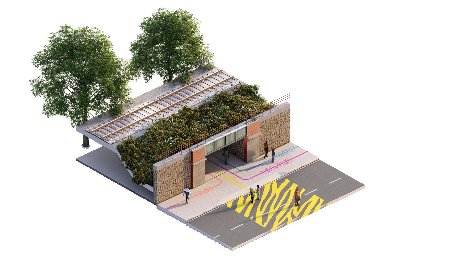 A modern, urban architectural rendering features a street-level building on Bute Street with a partially green rooftop and solar panels, flanked by two trees. The ground-level entrance has colorful, geometric pavement markings, including yellow and black zebra stripes. Pedestrians walk nearby.