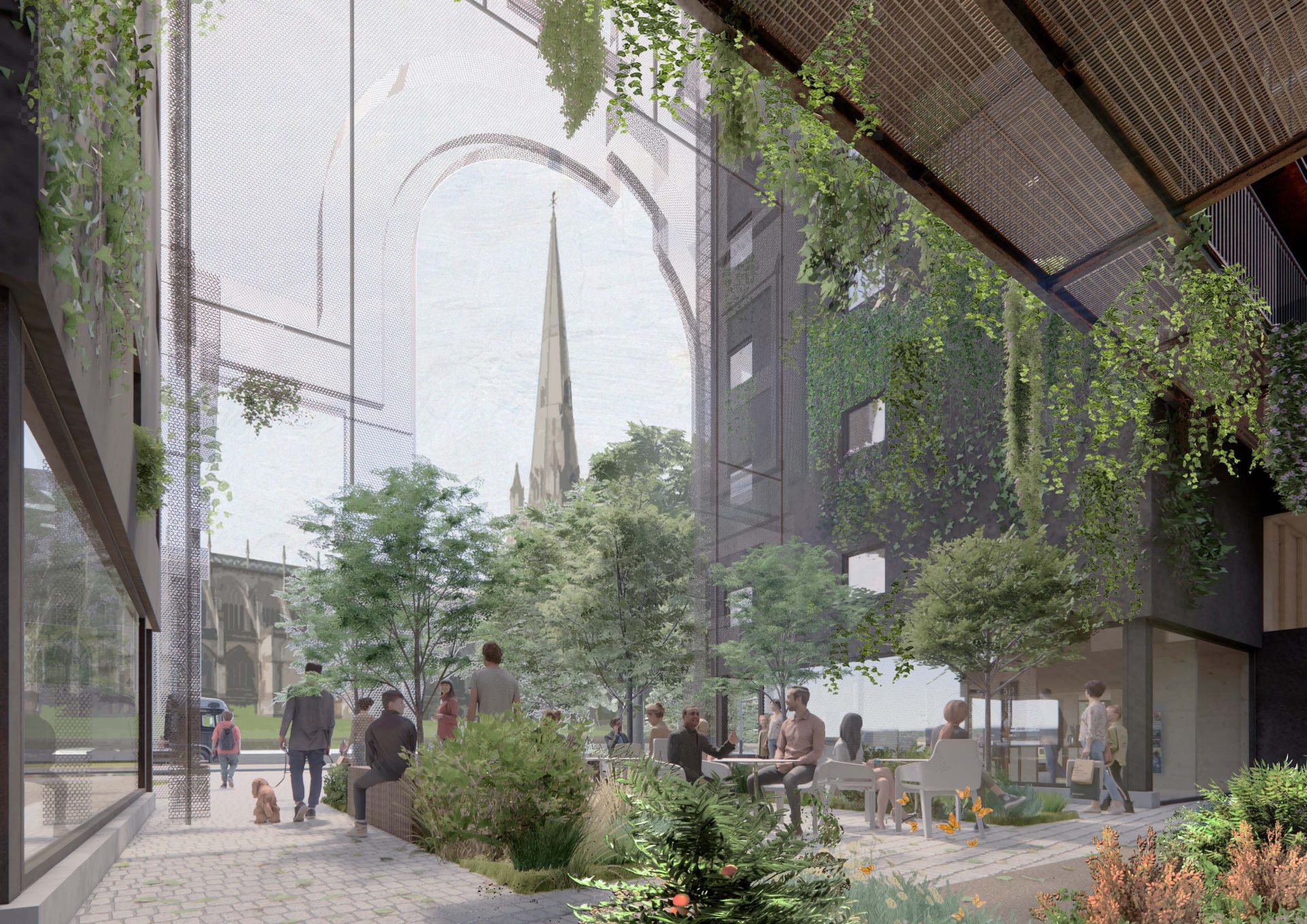 A courtyard with people sitting and walking, surrounded by modern buildings and lush greenery on Portwall Lane. The space includes trees, plants, and benches. In the background, there is a large archway and the spire of a traditional church building in Redcliffe is visible.