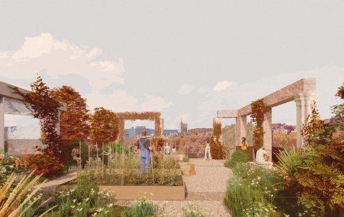 An artist's rendering shows a rooftop garden with several people tending to plants. The garden features raised beds and trellises with climbing vines. In the background, the cityscape blends buildings and greenery under a partly cloudy sky, resembling an urban park.