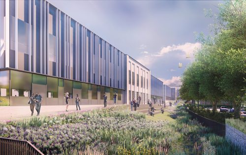 A modern, multi-story building with a sleek design featuring large windows and vertical metal panels graces the heart of Oxford. People walk along a landscaped pathway filled with greenery, flowers, and trees under a partly cloudy sky. Cars are parked on the right side, completing this scene of innovation.