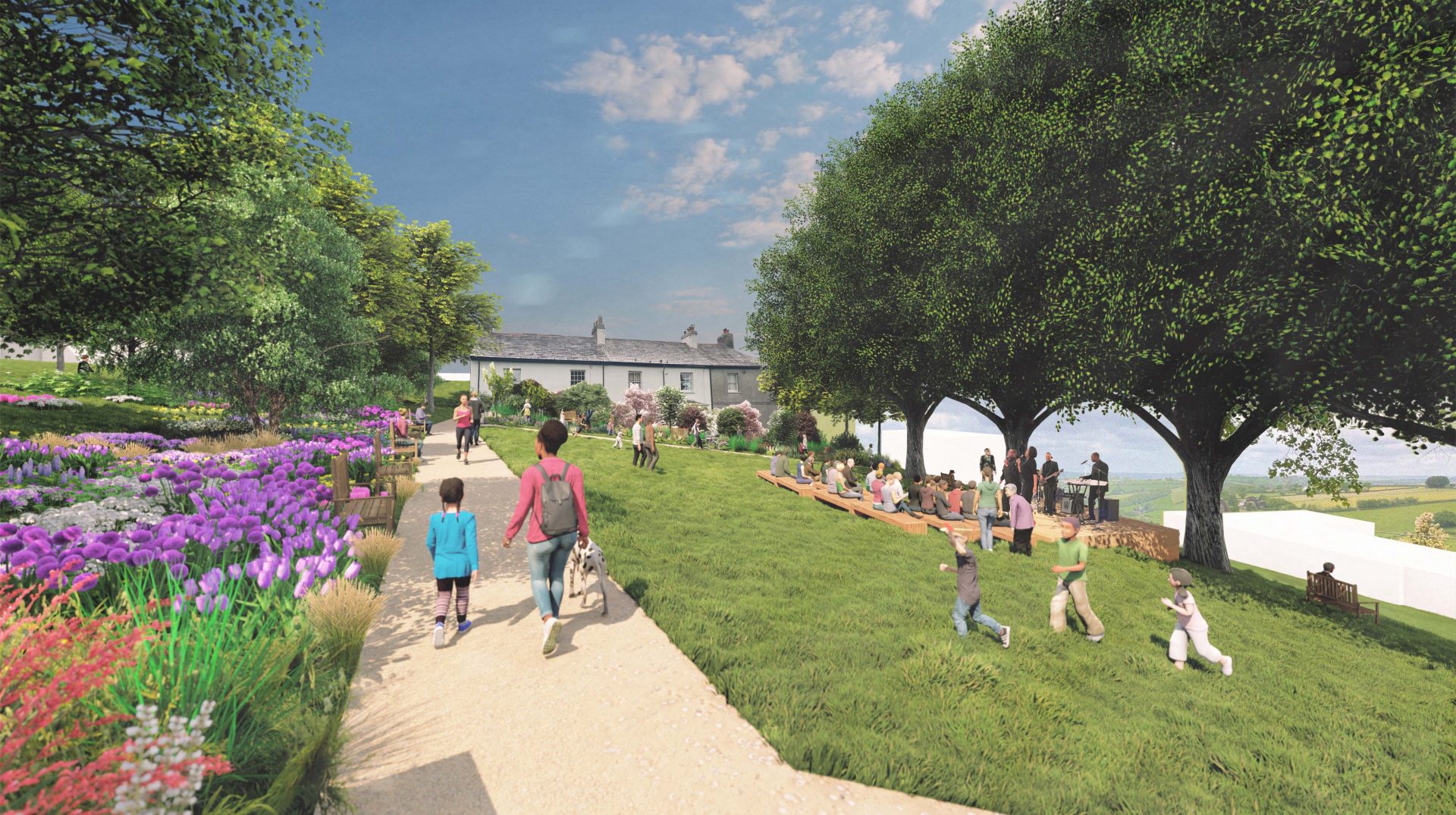 A scenic park in Launceston features a walking path lined with vibrant flowers on the left and trees providing shade on the right, attracting people enjoying leisure activities. In the background, a white house with a slate roof stands under a partly cloudy sky, embodying the city's Greener Streets initiative.