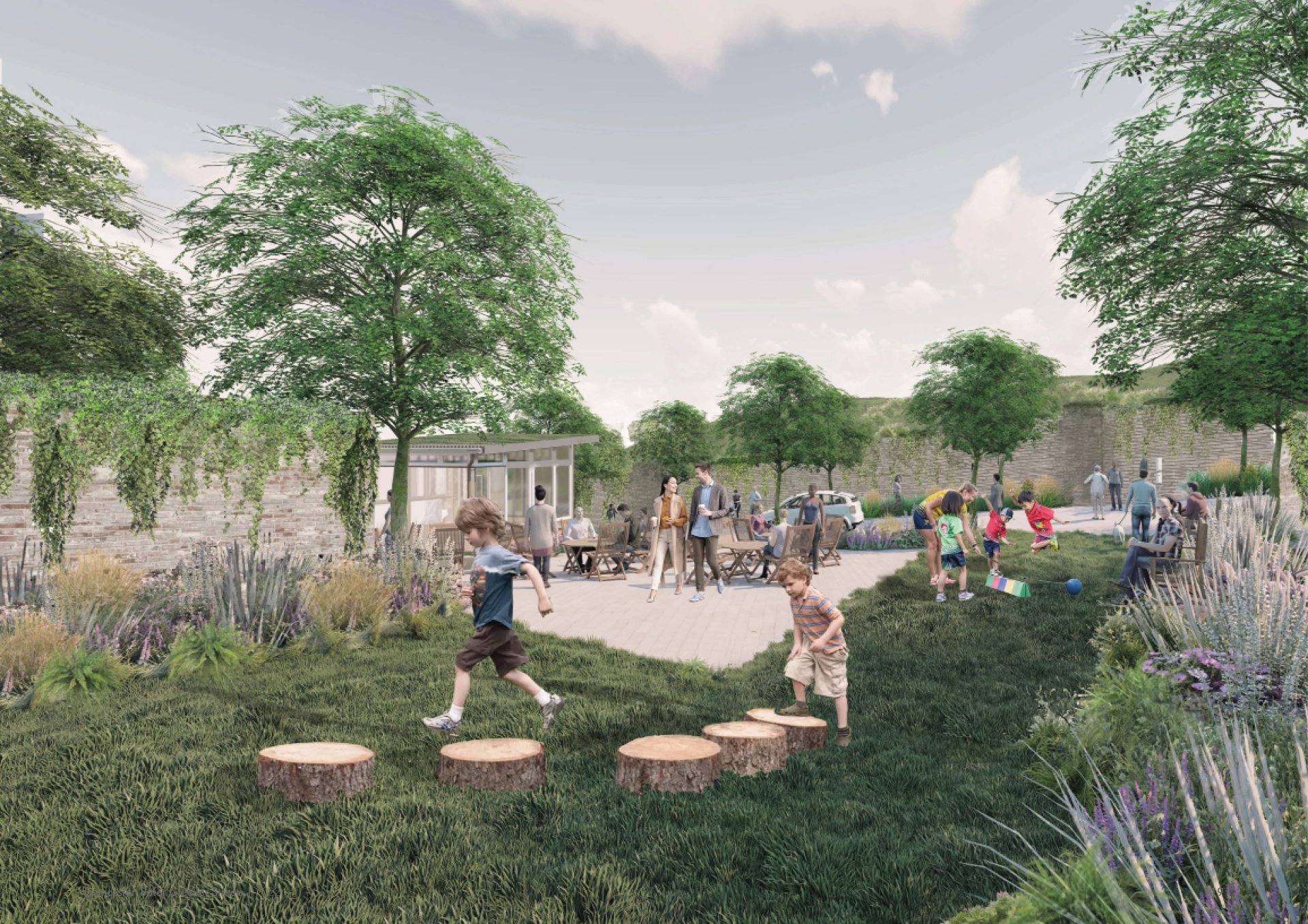 A vibrant outdoor scene in a Launceston community garden shows children playing on tree stump stepping stones and engaging in various activities. Adults socialize at a wooden deck area, surrounded by lush greenery, trees, and colorful plants under a partly cloudy sky, fostering safer streets.
