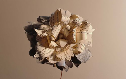 A close-up of a flower crafted from pages of a book, intricately folded and layered to form petals. The petals, adorned with printed text, evoke the essence of Tirweddau Iaith, giving the flower a unique and artistic appearance. The background is a plain, neutral shade.