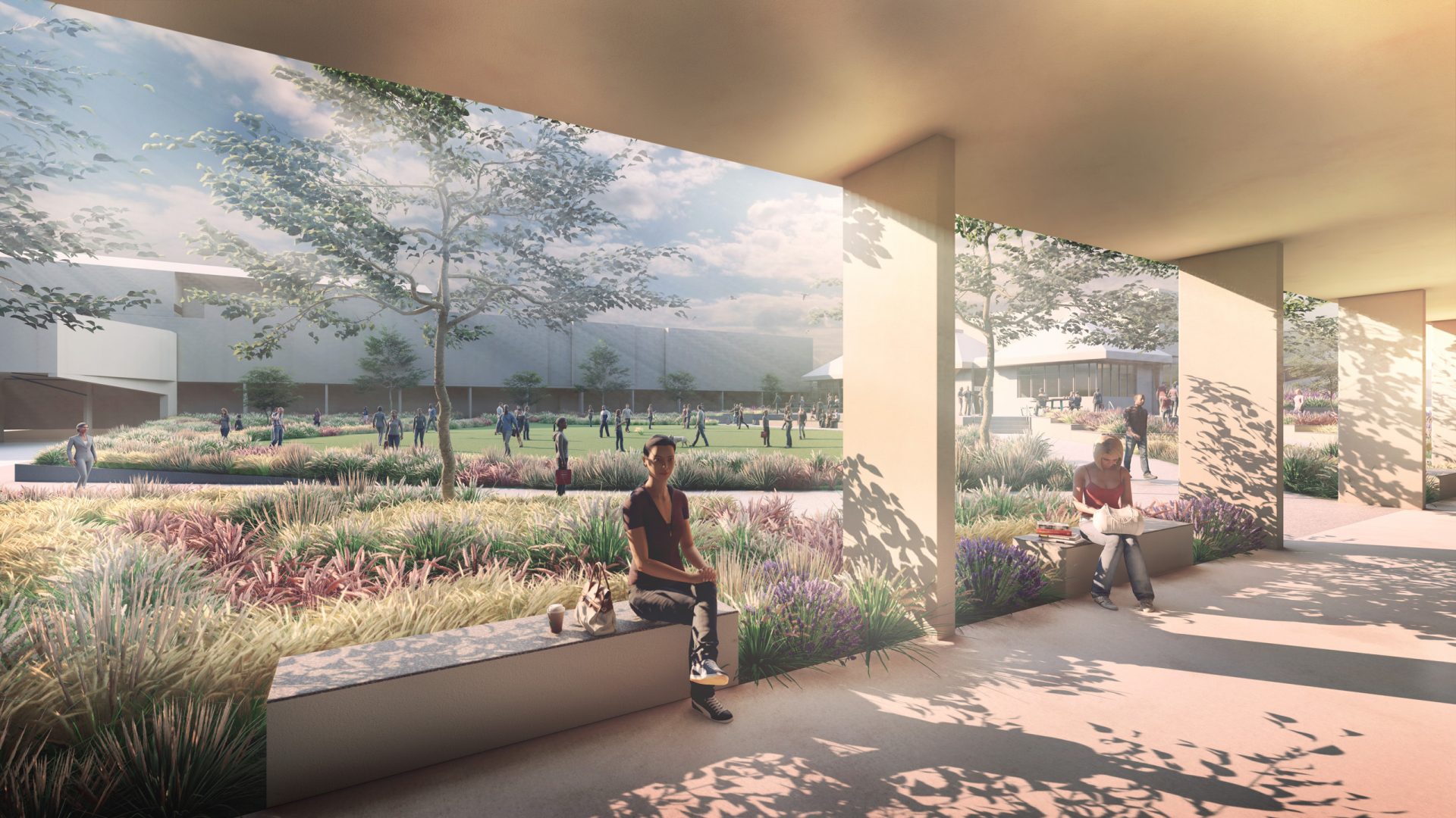 A spacious outdoor area at Marjon University in Plymouth features a covered walkway with people sitting on ledges. The scene includes a garden with grasses, shrubs, and trees, and a distant, modern building. Sunlight filters through, casting shadows and creating a relaxed atmosphere.