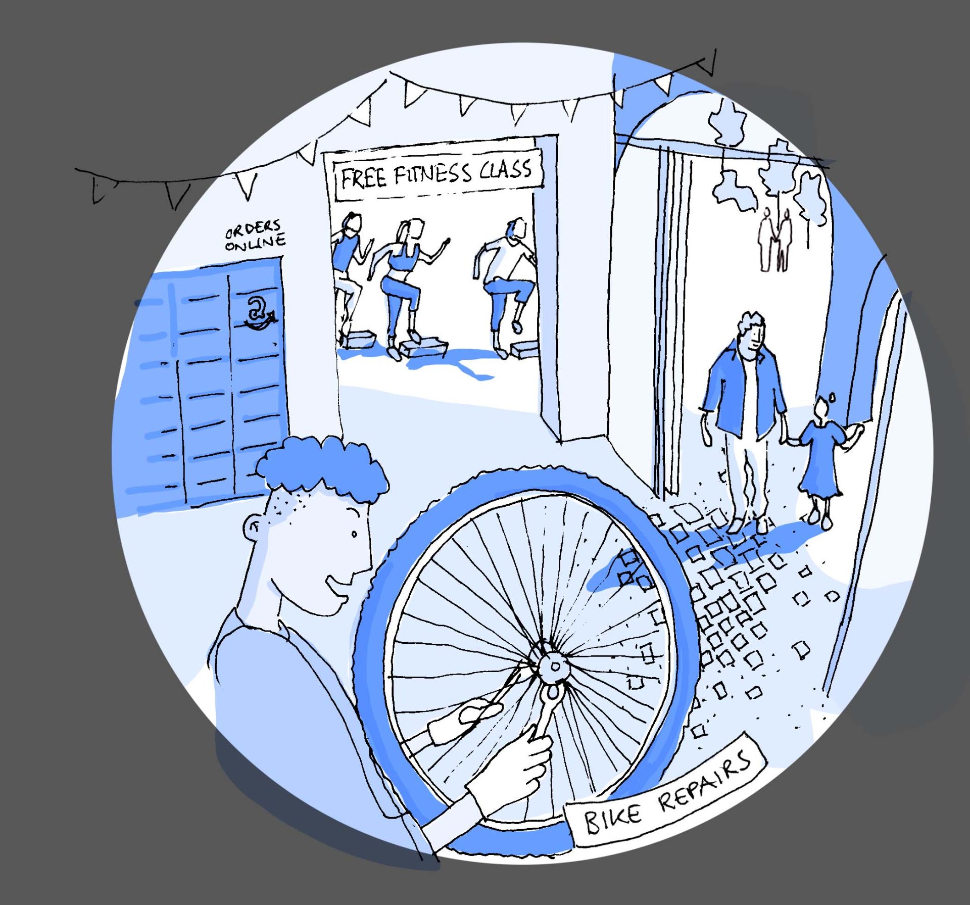 Illustration of a young person fixing a bicycle wheel in a community space on Roberts Way. In the background, people attend a free fitness class, someone picks up an online order from a locker, and a family walks by a wall with the “Bike Repairs” sign.