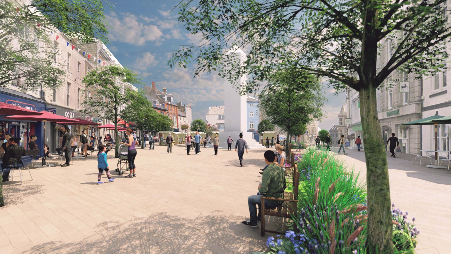 A bustling town square in Launceston filled with people walking, sitting, and socializing. Shops and cafes with outdoor seating line the safer streets. Trees and flower beds add greenery to the vibrant scene. In the background, a large white statue stands tall under a blue, partly cloudy sky.