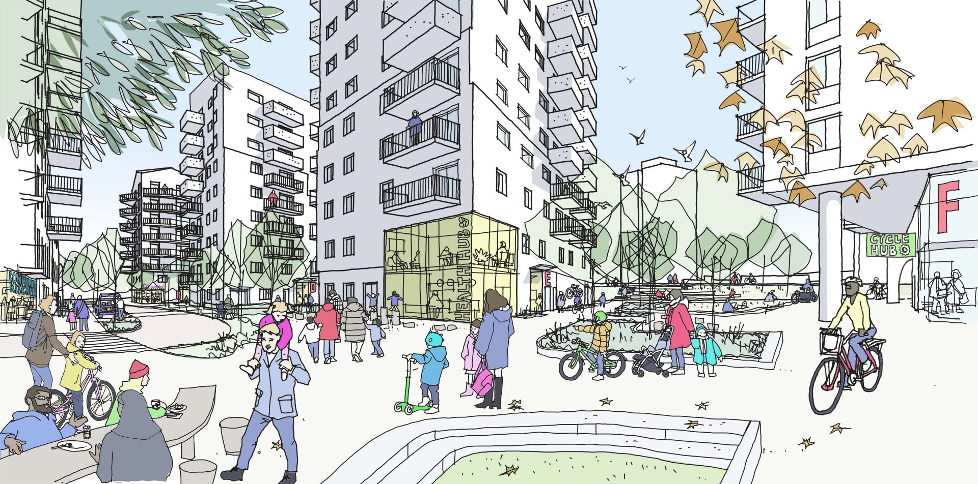 Illustration of a lively urban neighborhood along Rick Roberts Way with high-rise buildings, people walking, biking, and interacting. Children play, adults converse, and trees provide greenery. The scene includes outdoor seating, a cafe, and various activities, creating a vibrant community atmosphere.