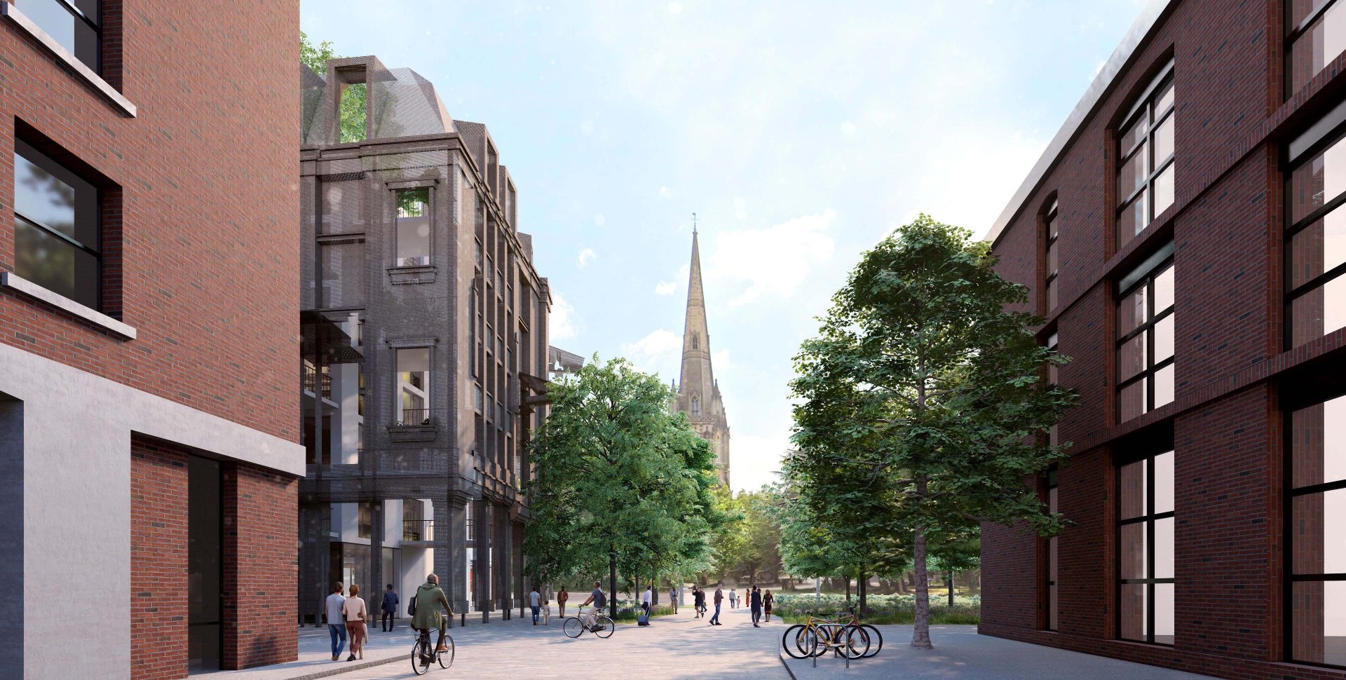 A lively street scene on Portwall Lane, Redcliffe, features people walking and biking between modern red-brick and older grey-brick buildings, lined with trees. In the background, a church with a tall spire is visible under a clear sky beside a bustling car park.