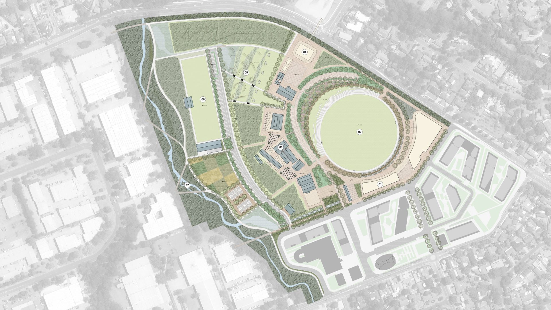 A detailed architectural site plan for the Castle Hill Showground showcases a large circular field, various smaller rectangular buildings, patches of greenery, pathways, and parking areas. Surrounding the site are residential and commercial buildings, roads, and a forested area.