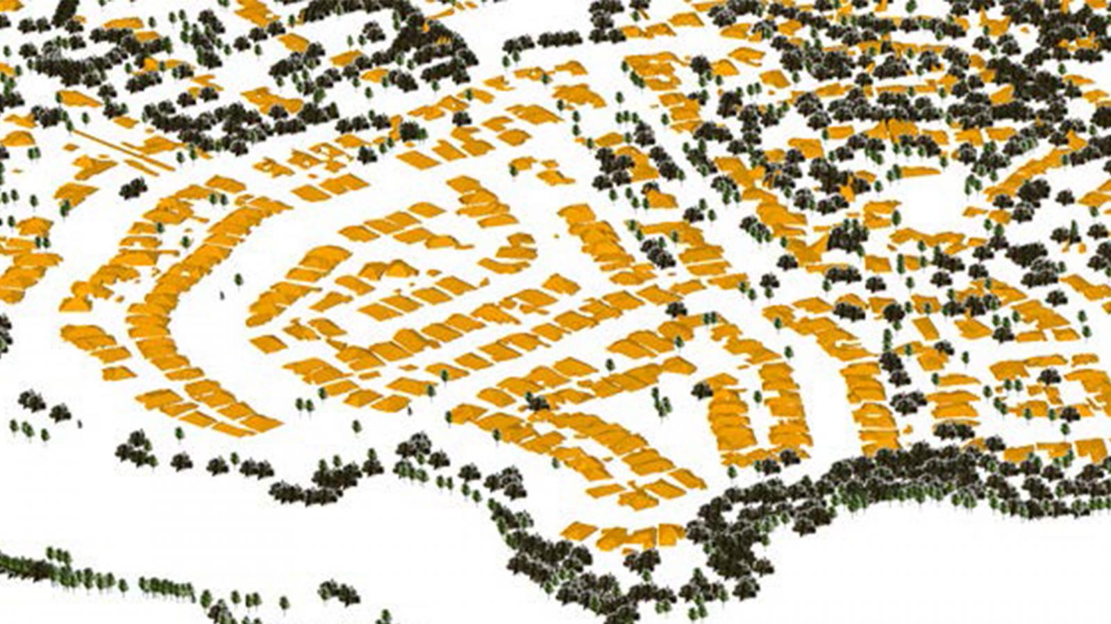 Aerial view of a residential area in Wollondilly with numerous orange-roofed houses arranged in a circular and grid-like pattern. The neighborhood is interspersed with green tree clusters, enhancing the urban tree canopy, and surrounded by more concentrated woodlands, creating a stark contrast with the white ground.