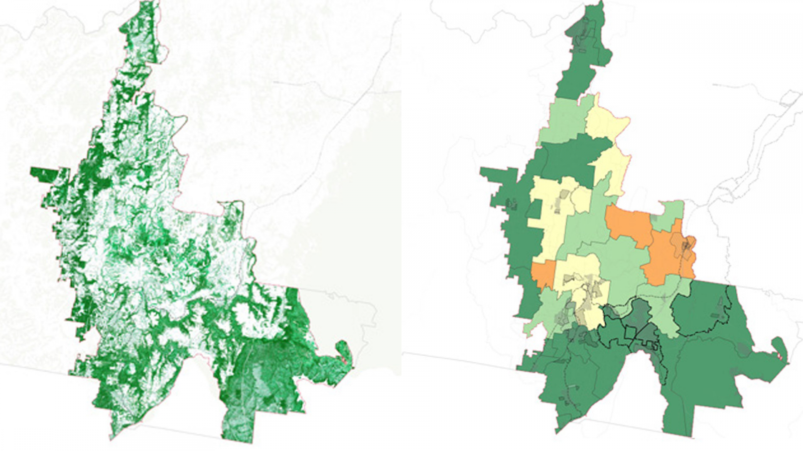 Side-by-side maps: Left shows a dense green coverage of vegetation; right illustrates the Urban Tree Canopy Plan for Wollondilly with administrative divisions in varying shades of green, yellow, and orange, indicating different data values. The maps depict the same geographic area.
