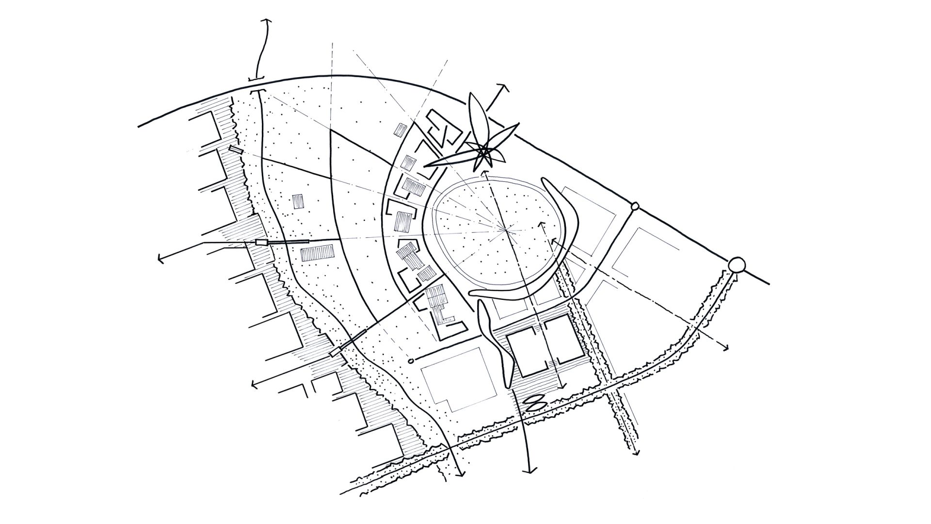 A hand-drawn architectural site plan depicting Showground Castle Hill with a circular central building, surrounding structures, pathways, and various annotations. Arrows and lines indicate movement and flow within the space, with a star shape at the top center.