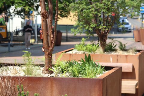 Large rectangular metal planters with shrubs, small trees, and various plants line a pedestrian pathway on a sunny day in Gloucester. In the background, a person walks past Heritage buildings including a yellow one, along with parked cars and street signs.