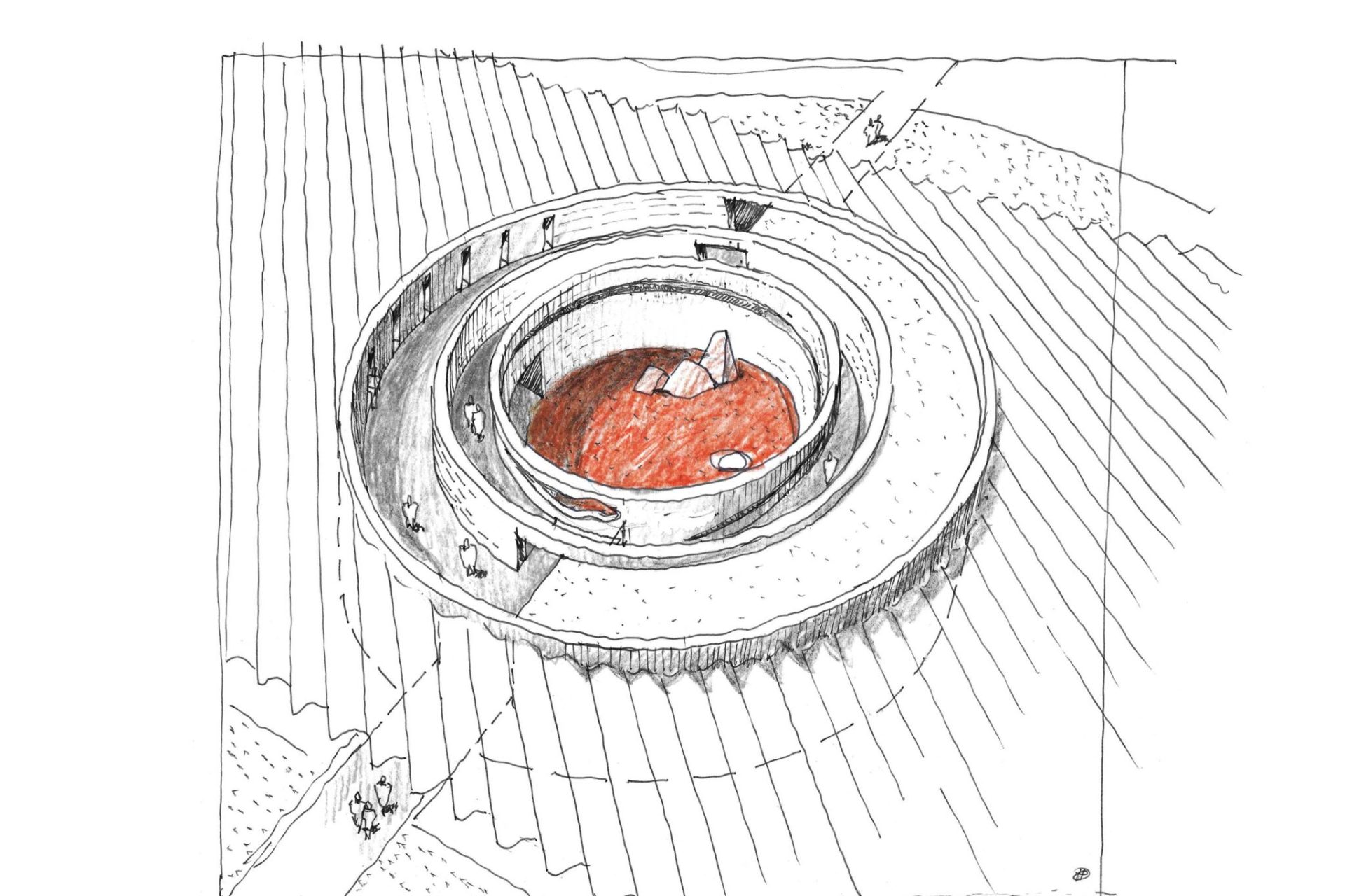 A hand-drawn architectural sketch of a circular structure with multiple layers. The central area features red elements, possibly representing a pool or focal point, with surrounding walls and pathways. Reminiscent of the Ngurra Cultural Precinct Proposal, the outer area displays lines radiating outward.