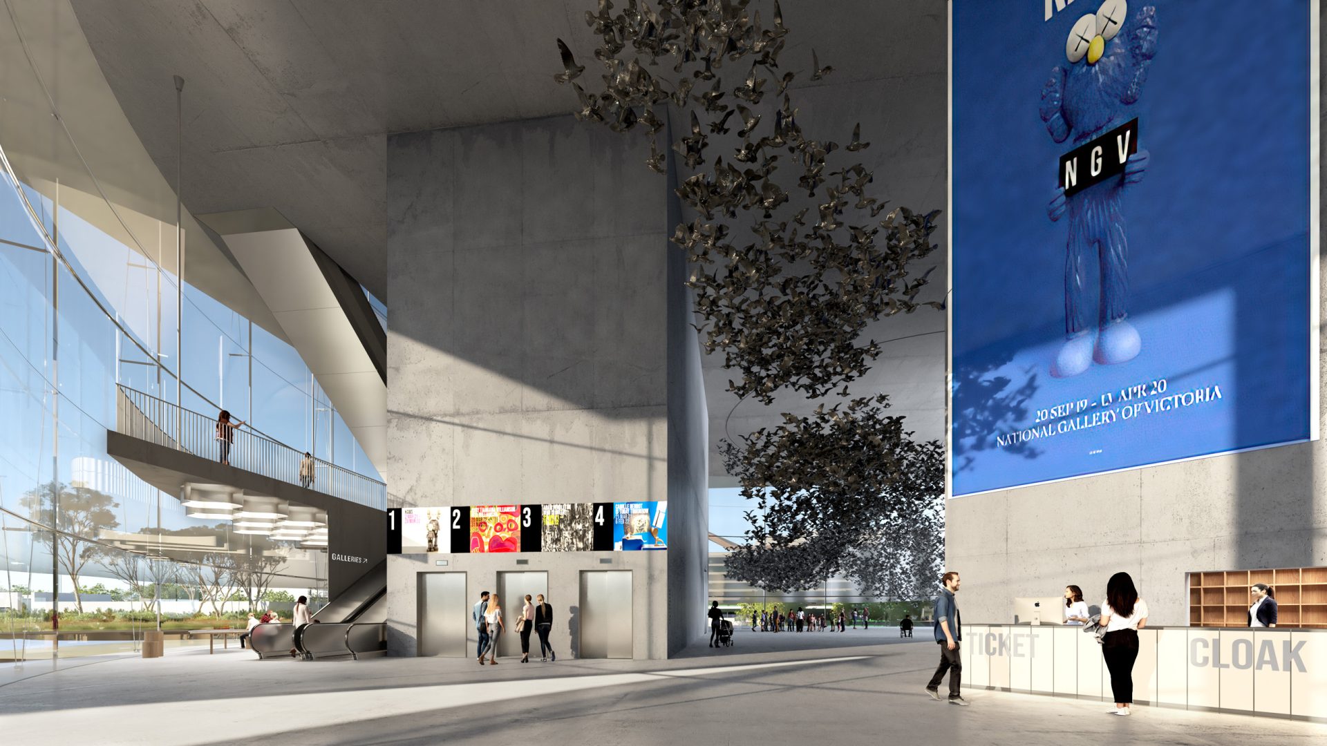 The modern and spacious lobby of the National Gallery of Victoria features floor-to-ceiling windows, a prominent staircase, elevators, and a ticket counter. Suspended sculptures of birds in flight decorate the ceiling, while a large banner advertises a contemporary exhibit. The gallery is bustling with visitors.