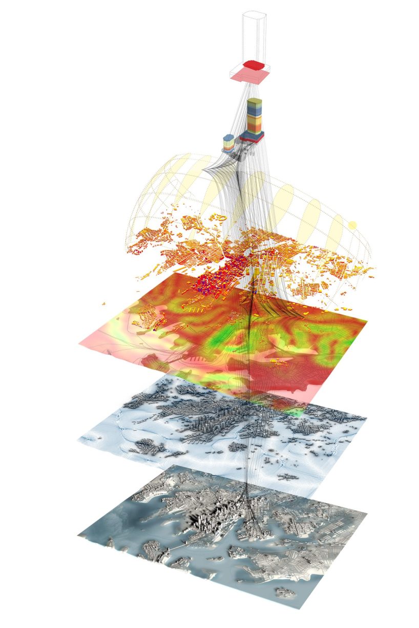 An abstract, multi-layered digital visualization depicting data integration. The image shows several interconnected layers including geographical maps, topographic elevation, and data points. Like the core of a smart system, these layers converge upward toward a centralized data collection point.