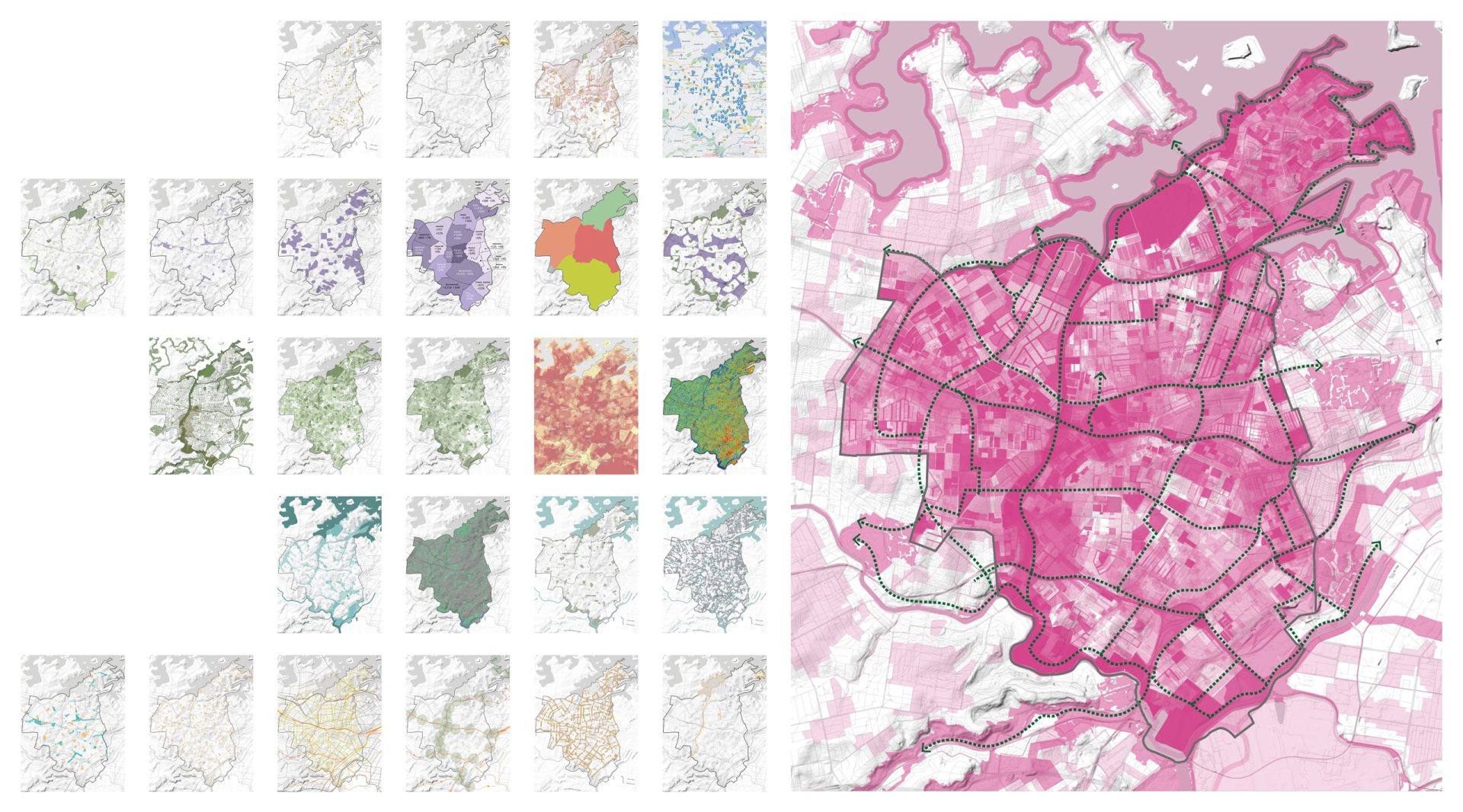 A large, detailed map of a city with various shaded regions is on the right side of the image, highlighting different areas like the Inner West. Smaller maps in a Blue-Green Grid are arranged to the left, each representing different data sets or strategic views of the city.