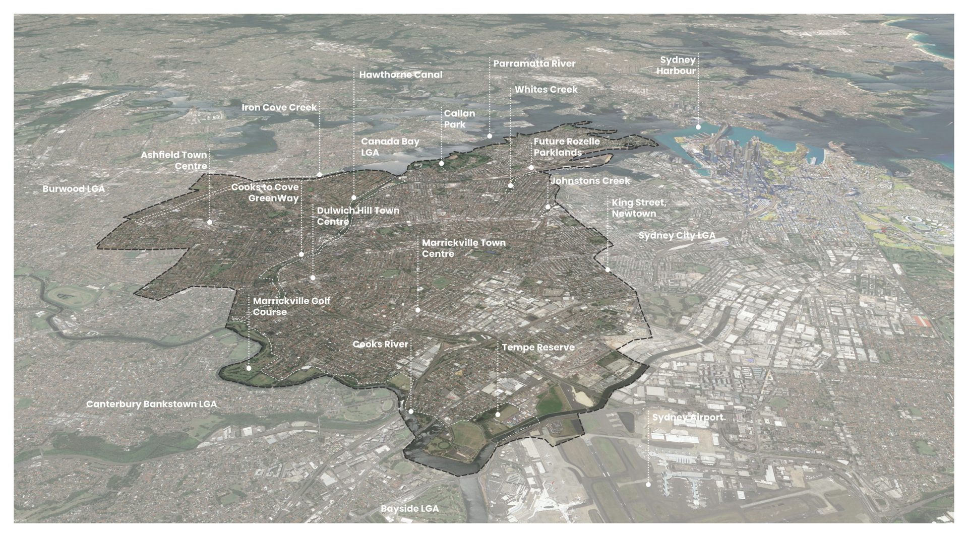 A detailed aerial map highlights Marrickville in Sydney's Inner West, featuring notable locations such as Sydney Airport, Sydney Harbour, Burwood LGA, Iron Cove Creek, and Tempe Reserve. As part of the Blue-Green Grid strategy, labels for various town centers, parks, and rivers are visible within the outlined area.