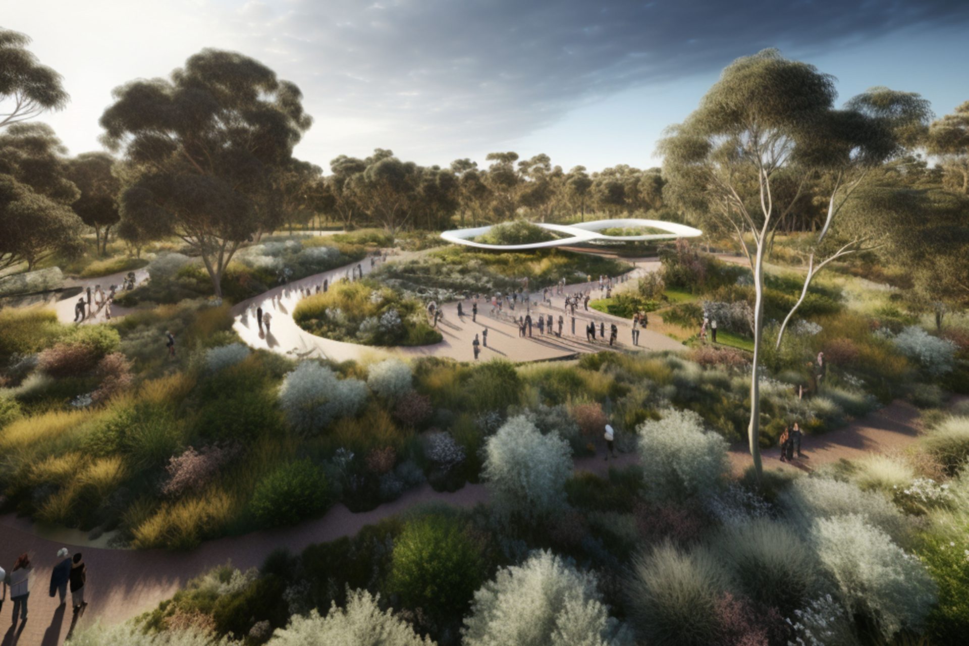 A lush, scenic park in Rocksberg features meandering pathways, dense clusters of greenery, and tall trees. Numerous people are walking and exploring the area. In the center, a modern, swooping structure provides a focal point for the open, natural landscape that follows a thoughtful masterplan.